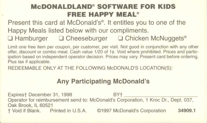 USA, 1997, McDonaldland, Expert Software, Silly Games, #1 in a Series
