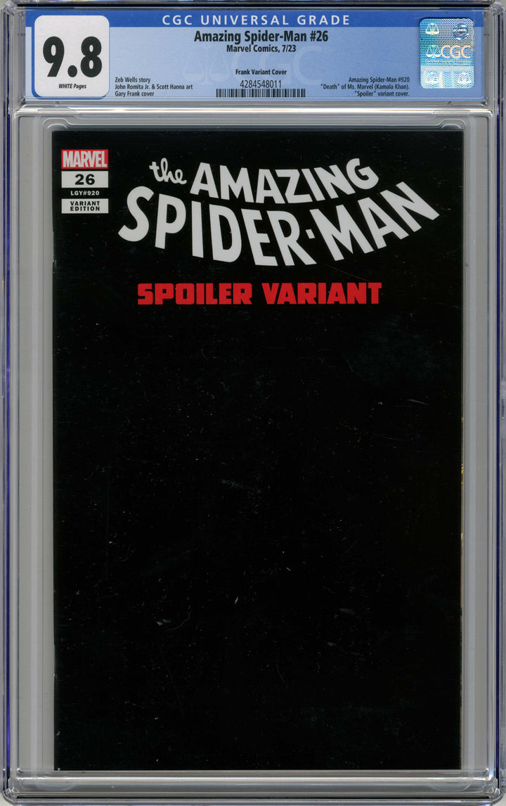 Amazing Spider-man (Marvel, 2022 series) #26 (920), 7/2023, Gary Frank "Spoiler" variant cover